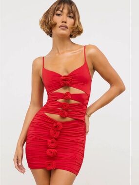 Oh Polly Red Cutout Rose-Embellished Bodycon Dress
